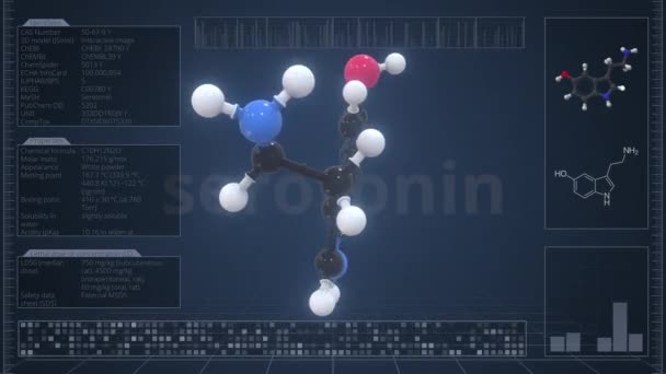 Visão geral da molécula de serotonina na tela do computador. Loopable 3d animação — Vídeo de Stock