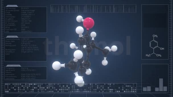 Molekuła tymolu z infografiką na monitorze komputera, pętla animacji 3D — Wideo stockowe