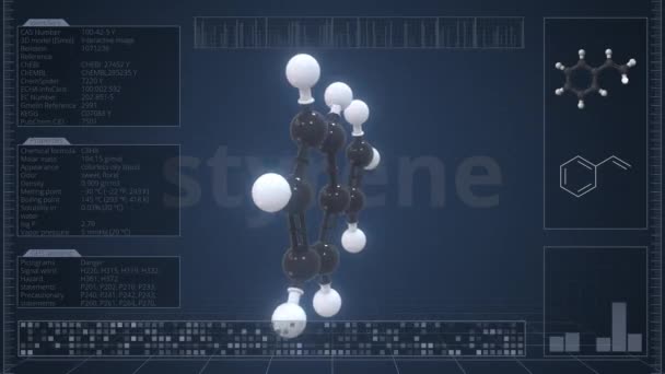 Molecola di stirene con descrizione sullo schermo del computer, animazione 3d loop — Video Stock