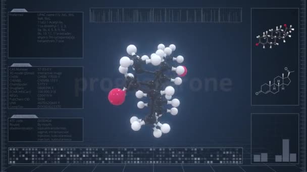 コンピュータモニター上のインフォグラフィックを持つプロゲステロンの分子,ループ可能な3Dアニメーション — ストック動画