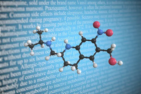 Oxamniquine scientific molecular model, 3D rendering