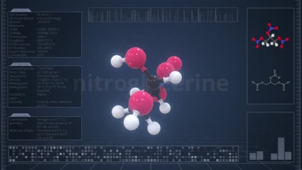 Nitroglycerin molekyl med beskrivning på datorskärmen, loopable 3d animation — Stockvideo