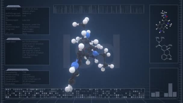 Молекула ЛСД с инфографикой на мониторе компьютера, зацикленная 3D анимация — стоковое видео