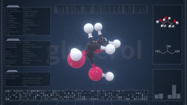 Молекула глицерола с описанием на экране компьютера, зацикленная 3D анимация — стоковое видео