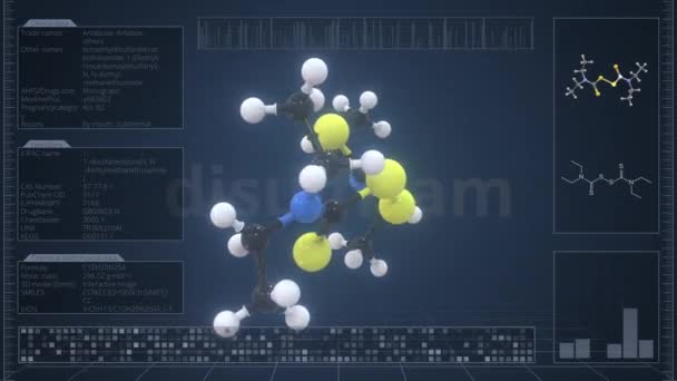 Молекула Дисульфирам с описанием на экране компьютера, зацикленная 3D анимация — стоковое видео