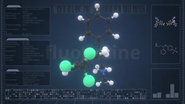 Молекула флуоксетина с описанием на экране компьютера, зацикленная 3D анимация — стоковое видео