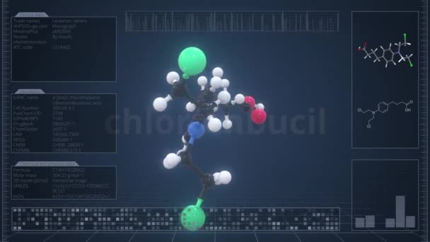 电脑屏幕上有描述的氯丁烷分子，3D动画易碎 — 图库视频影像