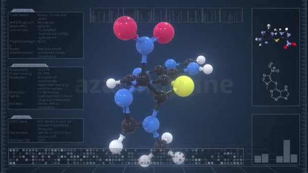 Przegląd cząsteczki azatiopryny na ekranie komputera. Pętlowana animacja 3D — Wideo stockowe