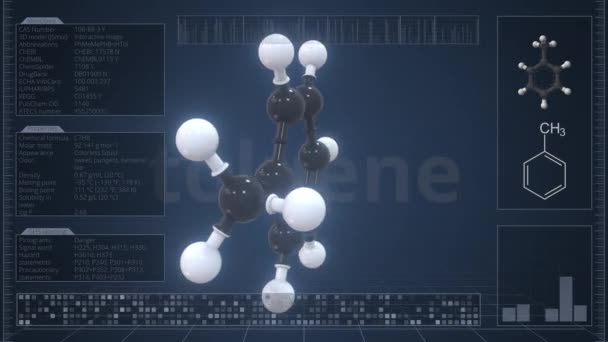 Молекула толуола с инфографикой на мониторе компьютера, зацикленная 3D анимация — стоковое видео
