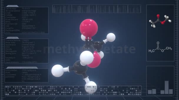 Visão geral da molécula de acetato de metilo na tela do computador. Loopable 3d animação — Vídeo de Stock