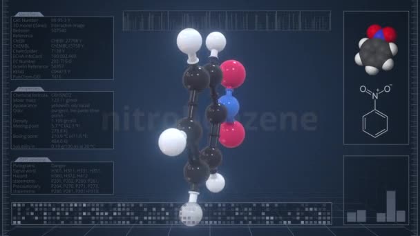 A nitrobenzol molekulájának áttekintése a számítógép képernyőjén. Loopable 3D animáció — Stock videók