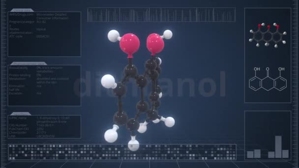 Молекула Дитранола с описанием на экране компьютера, зацикленная 3D анимация — стоковое видео