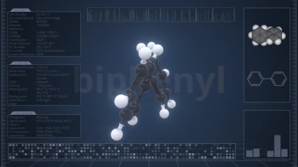 Przegląd cząsteczki bifenylu na ekranie komputera. Pętlowana animacja 3D — Wideo stockowe