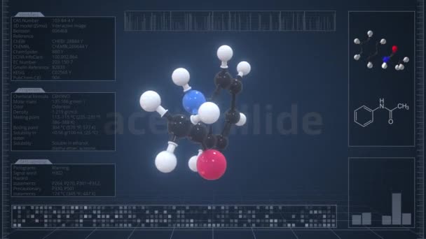 Молекула ацетанилида с описанием на экране компьютера, зацикленная 3D анимация — стоковое видео