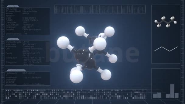 Butanová molekula s popisem na obrazovce počítače, 3D animace — Stock video