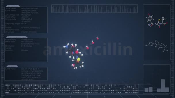 Overview of the molecule of amoxicillin on the computer screen. Loopable 3d animation — Stock Video