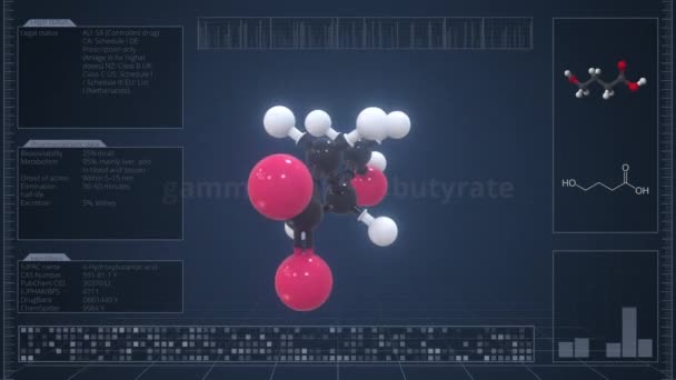 Molécula del gamma-hidroxibutirato con la descripción en la pantalla de la computadora, animación 3d loopable — Vídeo de stock