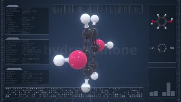 Гідрохінонова молекула з описом на екрані комп'ютера, циклічна 3d анімація — стокове відео