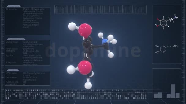 Molekul dopamin dengan infografis pada monitor komputer, animasi 3d yang dapat diulang — Stok Video