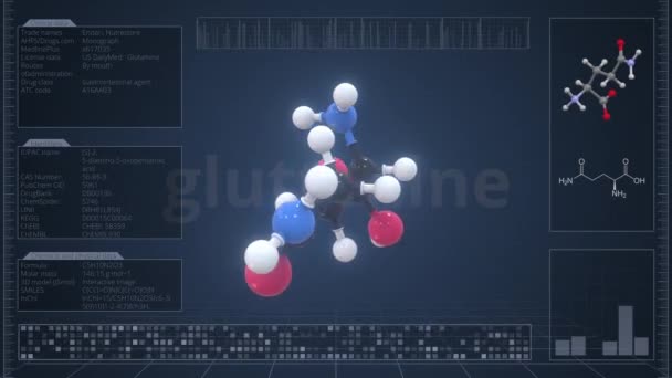 Molécula de glutamina con infografías en el monitor de la computadora, animación 3D loopable — Vídeos de Stock