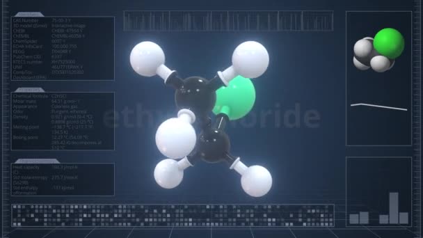 Visión general de la molécula de cloruro de etilo en la pantalla del ordenador. Animación 3d Loopable — Vídeo de stock