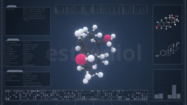 Visão geral da molécula de estradiol na tela do computador. Loopable 3d animação — Vídeo de Stock
