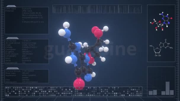 コンピュータモニター上のインフォグラフィックを持つグアンソシンの分子,ループ可能な3Dアニメーション — ストック動画