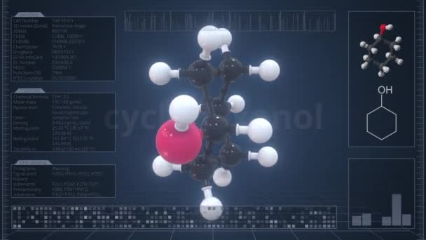 Molecola di cicloesanolo con descrizione sullo schermo del computer, animazione 3d loop — Video Stock