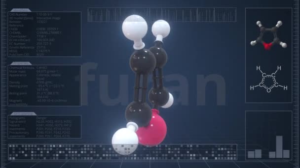 Molécule de furane avec infographie sur l'écran de l'ordinateur, animation 3D en boucle — Video