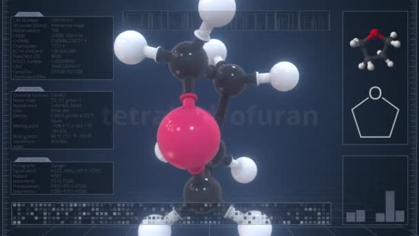 Tetrahydrofuran molekyl med beskrivning på datorskärmen, loopable 3d animation — Stockvideo