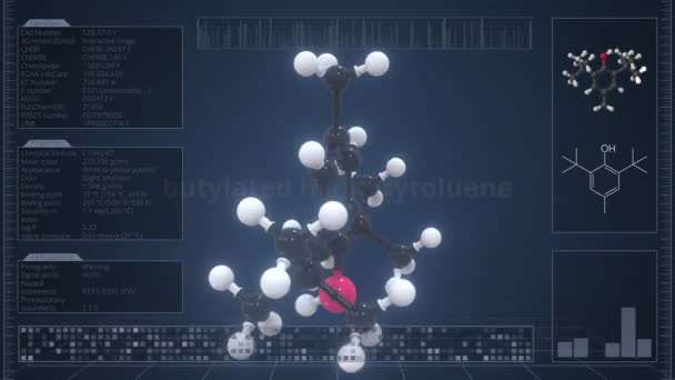 Descripción general de la molécula de hidroxitolueno butilado en la pantalla del ordenador. Animación 3d Loopable — Vídeos de Stock