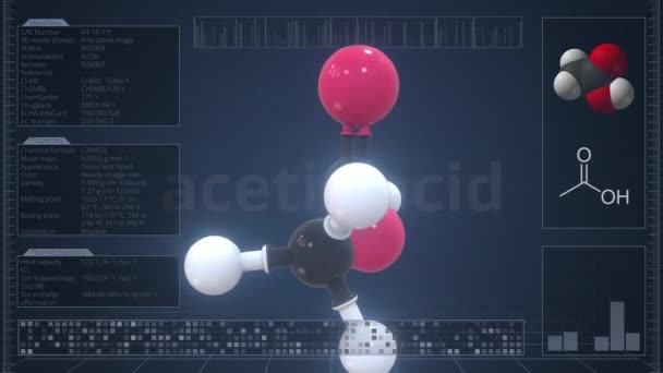 컴퓨터 모니터에 인포그래픽과 아세트산의 분자, loopable 3d 애니메이션 — 비디오