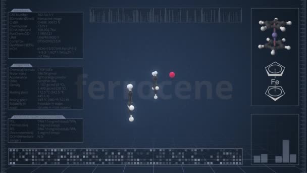 Ferrozän-Molekül mit Infografik auf dem Computerbildschirm, 3D-Animation aufklappbar — Stockvideo