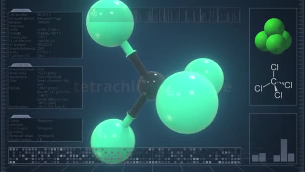 Cząsteczka tetrachlorometanu z opisem na ekranie komputera, pętla animacji 3d — Wideo stockowe