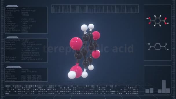 Visão geral da molécula de ácido tereftálico na tela do computador. Loopable 3d animação — Vídeo de Stock