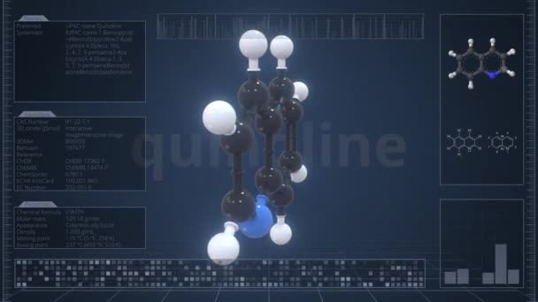 Chinolin-Molekül mit Infografik auf dem Computermonitor, 3D-Animation aufklappbar — Stockvideo