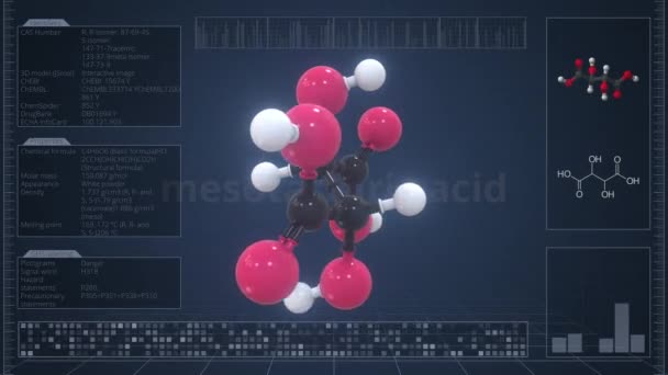 Molecula de acid mezotartaric cu descriere pe ecranul calculatorului, animație 3d buclabilă — Videoclip de stoc