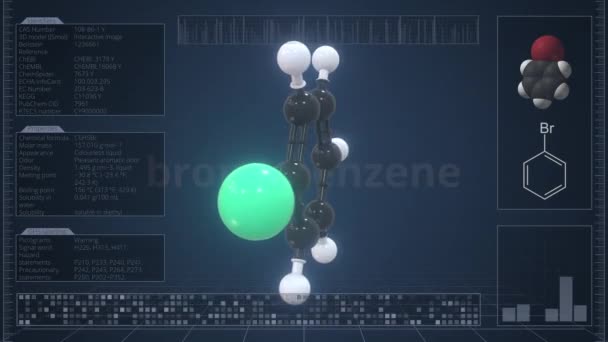 Molécula de bromobenceno con infografías en el monitor de la computadora, animación 3D loopable — Vídeos de Stock