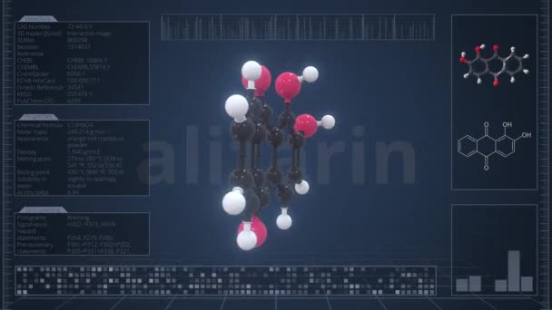Alizarin molekula leírással a számítógép képernyőjén, hurkolható 3D animáció — Stock videók