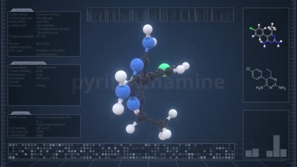 コンピュータ スクリーンの記述が付いているピリメタン分子,ループ可能な3dアニメーション — ストック動画