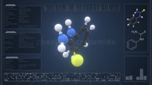 Molekyl av fenyltiokarbamid med infografik på datorskärmen, loopable 3d animation — Stockvideo