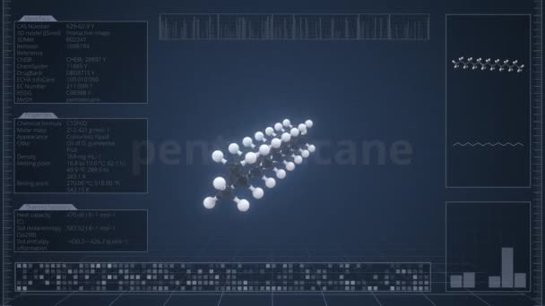 Molécula de pentadecano con infografías en el monitor de la computadora, animación 3D loopable — Vídeos de Stock