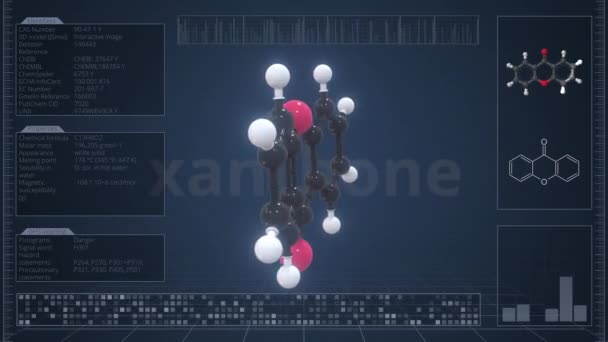 Молекула Ксантона с описанием на экране компьютера, зацикленная 3D анимация — стоковое видео