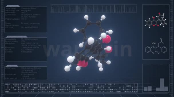 Bilgisayar ekranında tanımlı varfarin molekülü, döngüsel 3d canlandırma — Stok video