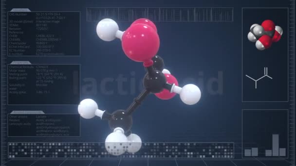 Обзор молекулы молочной кислоты на экране компьютера. Loopable 3d animation — стоковое видео