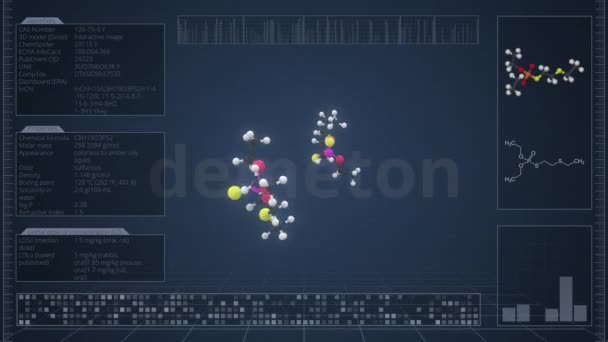Molécula de demeton com infográficos no monitor de computador, animação 3d loopable — Vídeo de Stock