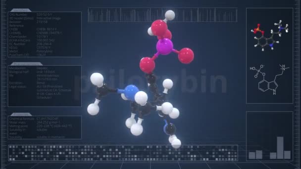 Přehled molekuly psilocybinu na obrazovce počítače. 3D animace smyčky — Stock video