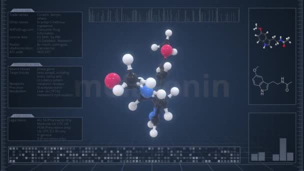 コンピュータモニター上のインフォグラフィックとメラトニンの分子,ループ可能な3Dアニメーション — ストック動画