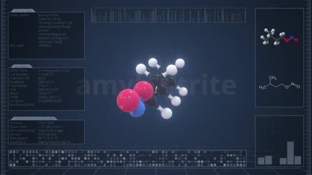 Molekul amil nitrit dengan deskripsi pada layar komputer, animasi 3d yang dapat diulang — Stok Video