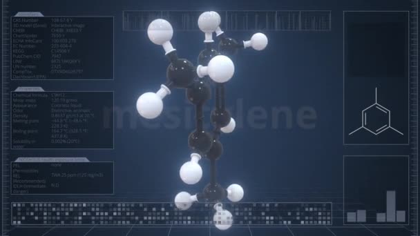 Mesitylen-Molekül mit Beschreibung auf dem Computerbildschirm, 3D-Animation aufklappbar — Stockvideo